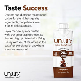 Unjury high-protein shake chocolate label highlights premium ingredients