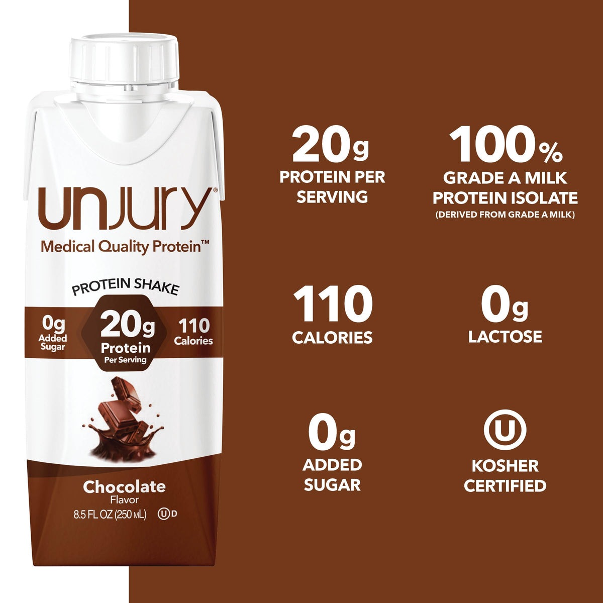 Unjury ready-to-drink shake chocolate glass showing convenient nutrition