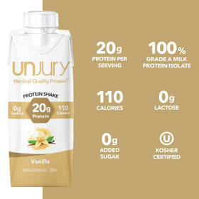 Unjury Vanilla nutrition facts label shows 20 g protein per serving.