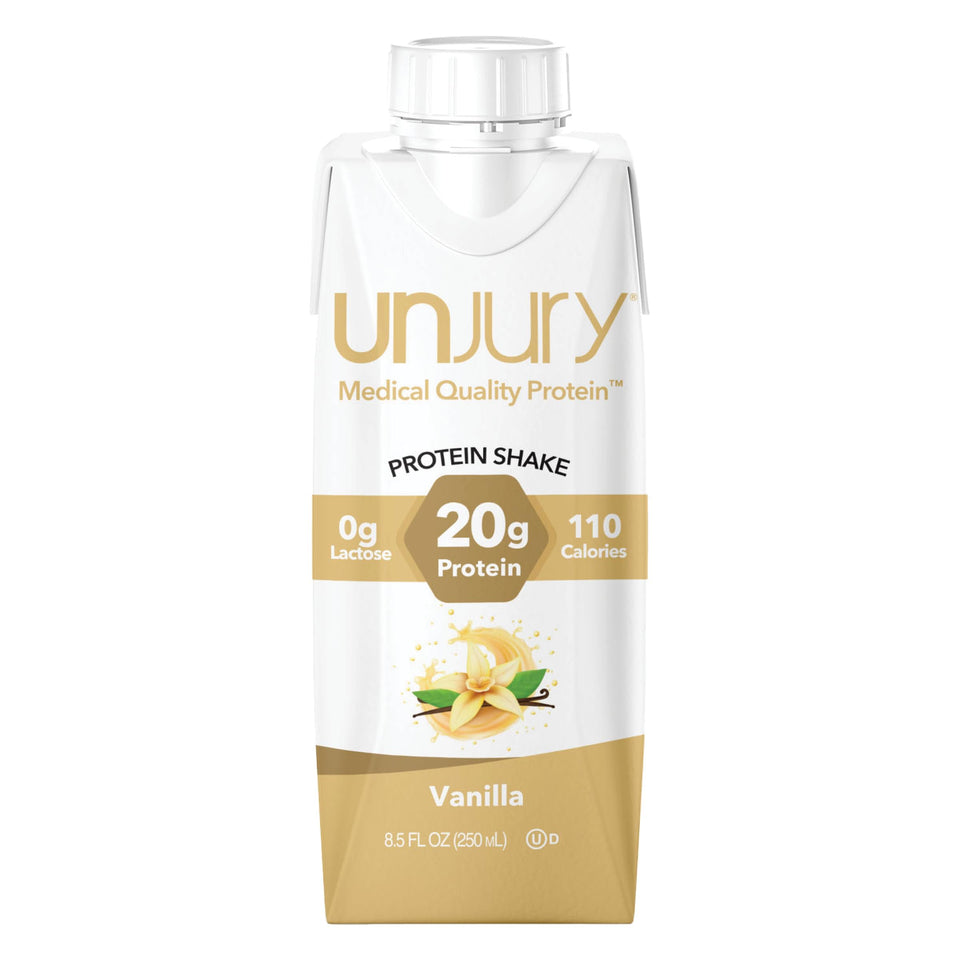 Unjury Vanilla ready-to-drink bottle pour offers on-the-go protein convenience.
