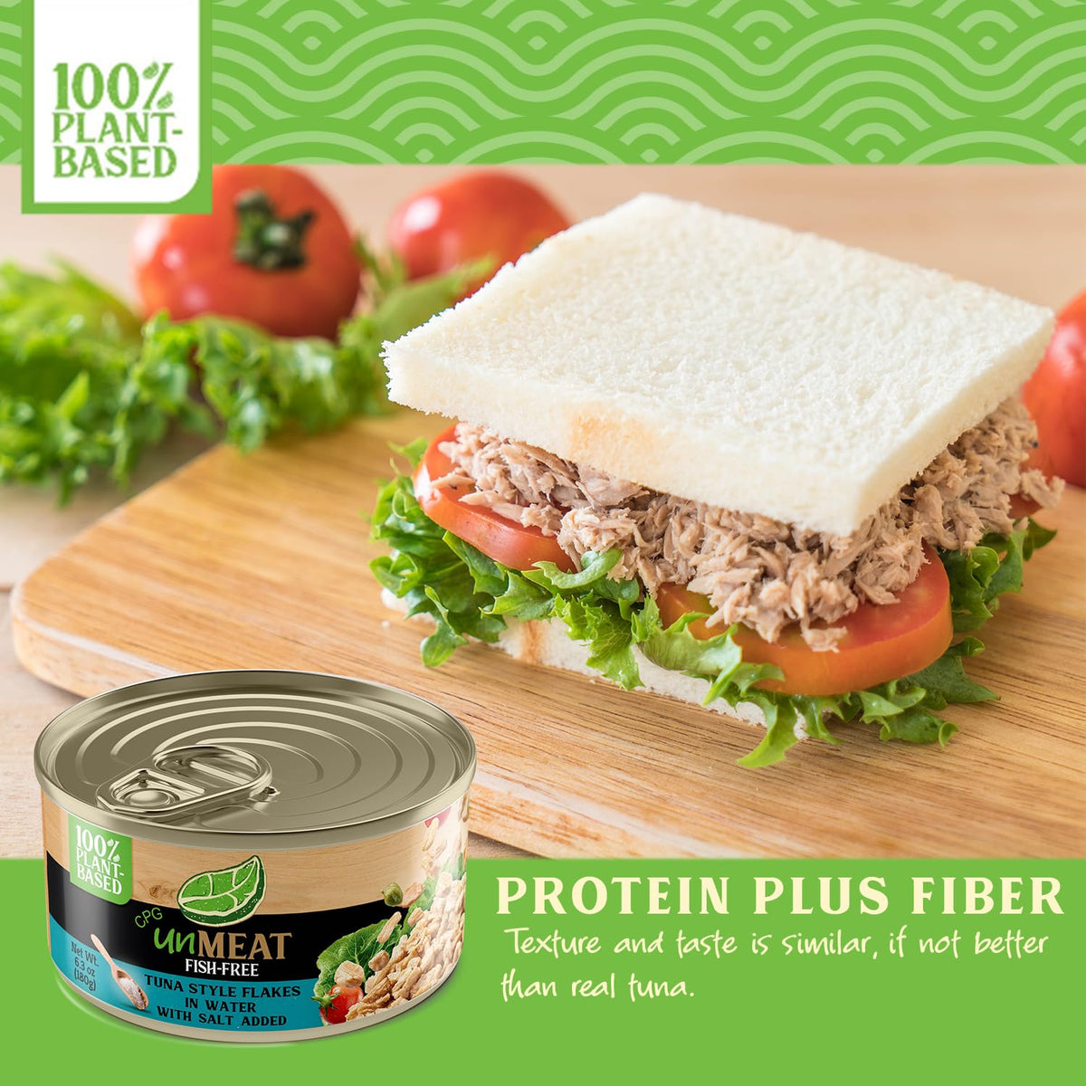 unMEAT Tuna can opened on kitchen counter, ready for sandwiches.
