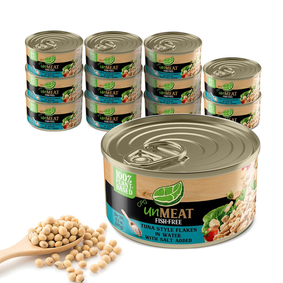unMEAT Tuna Flakes in Water can, flaky texture for salads.