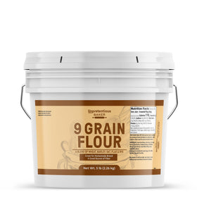 Unpretentious 9 Grain Flour bag label highlights whole grains for fresh bread