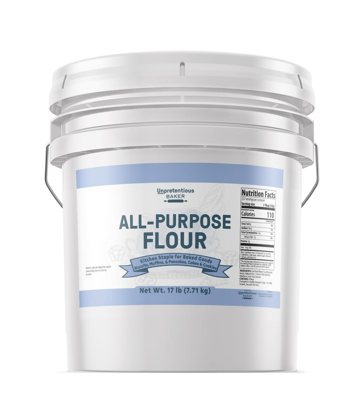 Unpretentious All Purpose Flour bucket front view, ideal for everyday baking and easy storage.