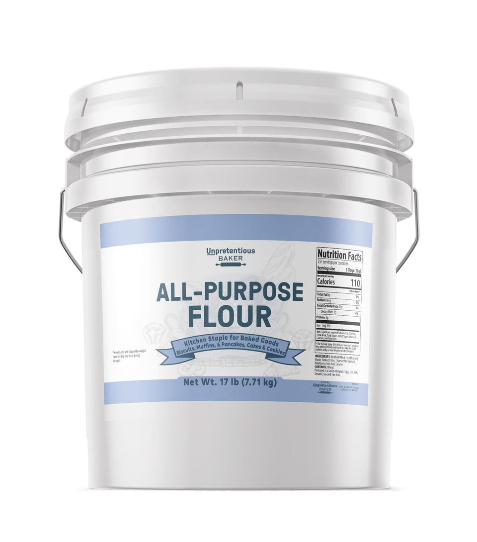 Unpretentious All Purpose Flour bucket front view, ideal for everyday baking and easy storage.
