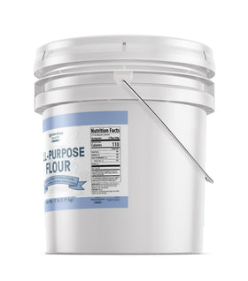 Unpretentious All Purpose Flour bucket pour-spout, smooth pouring for precise measuring.