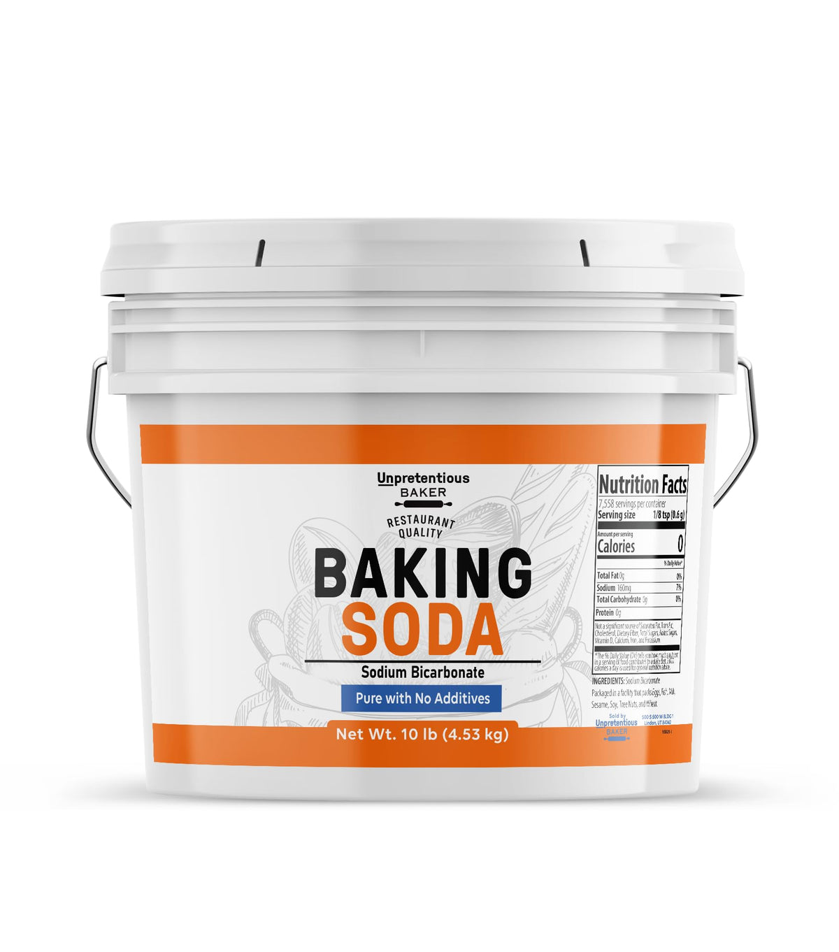 Unpretentious Baking Soda gallon bottle viewed from the side, versatile for cooking and cleaning.