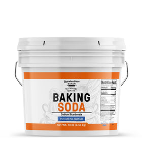 Unpretentious Baking Soda gallon bottle viewed from the side, versatile for cooking and cleaning.