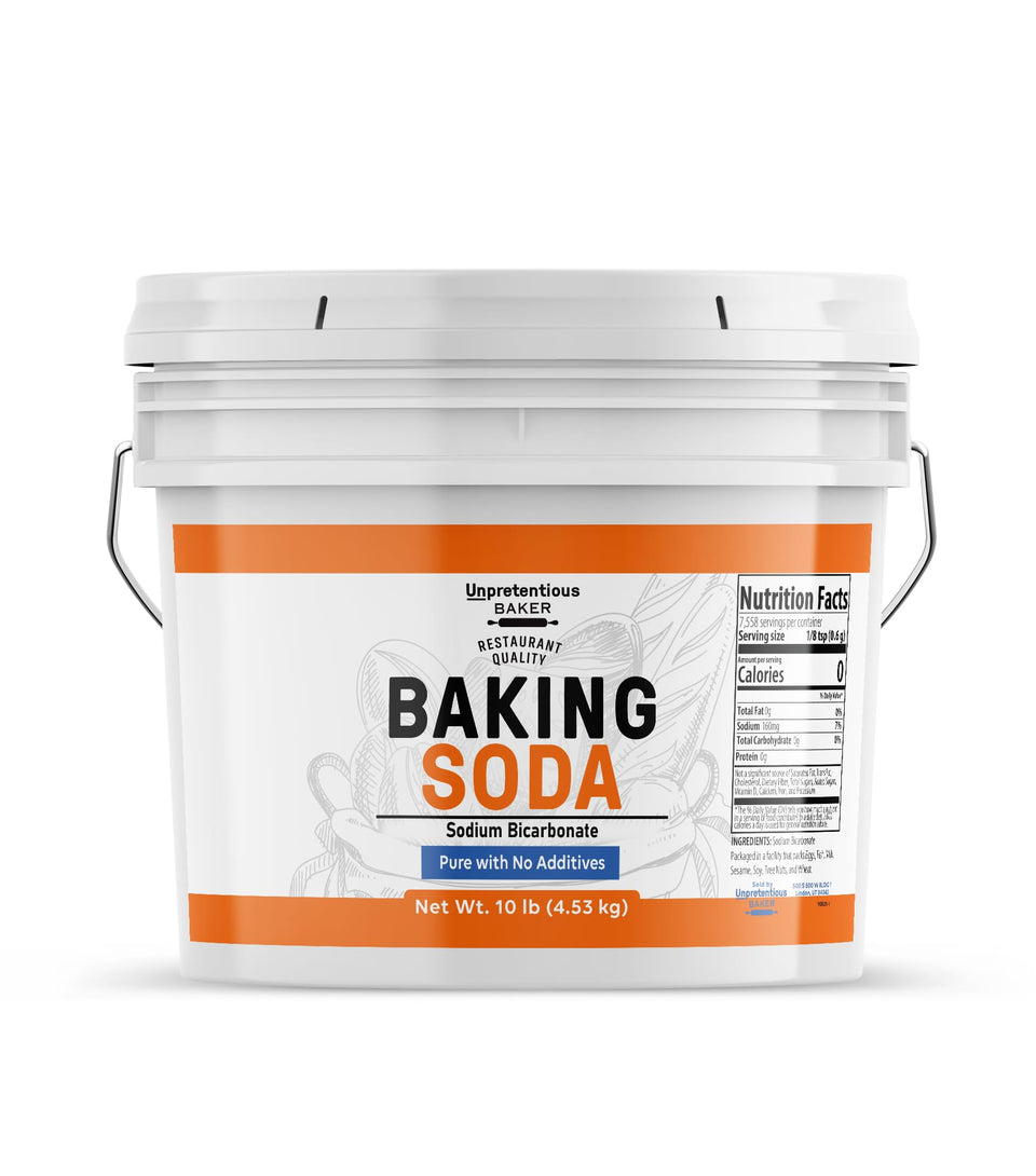 Unpretentious Baking Soda gallon bottle viewed from the side, versatile for cooking and cleaning.