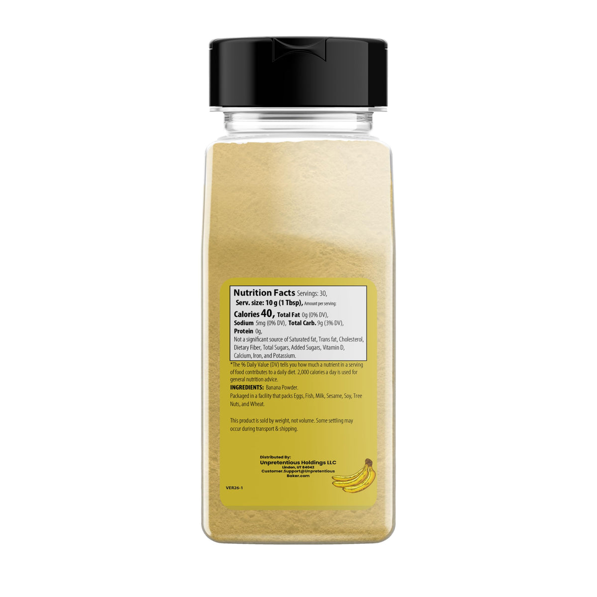 Unpretentious Banana Powder pour highlights easy pouring for smoothies and desserts.