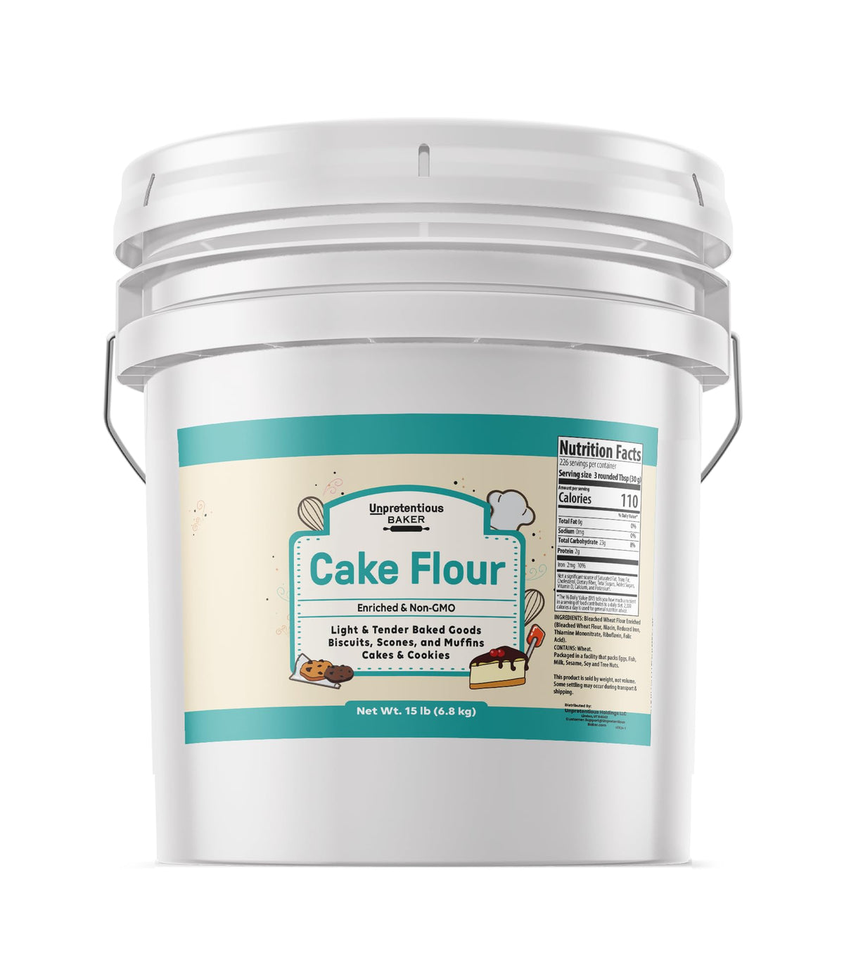 Unpretentious Cake Flour 3.5-gallon package ideal for cakes and cookies.