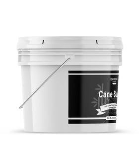 Unpretentious cane sugar gallon packaging shot emphasizing easy scooping.
