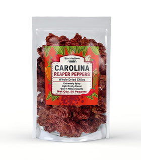 Unpretentious Carolina Reaper chiles dried whole – ideal for ultra spicy sauces.