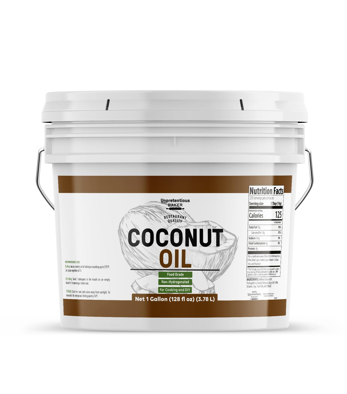Unpretentious Coconut Oil in a 1-gallon bucket, resealable for long-term storage and versatility.
