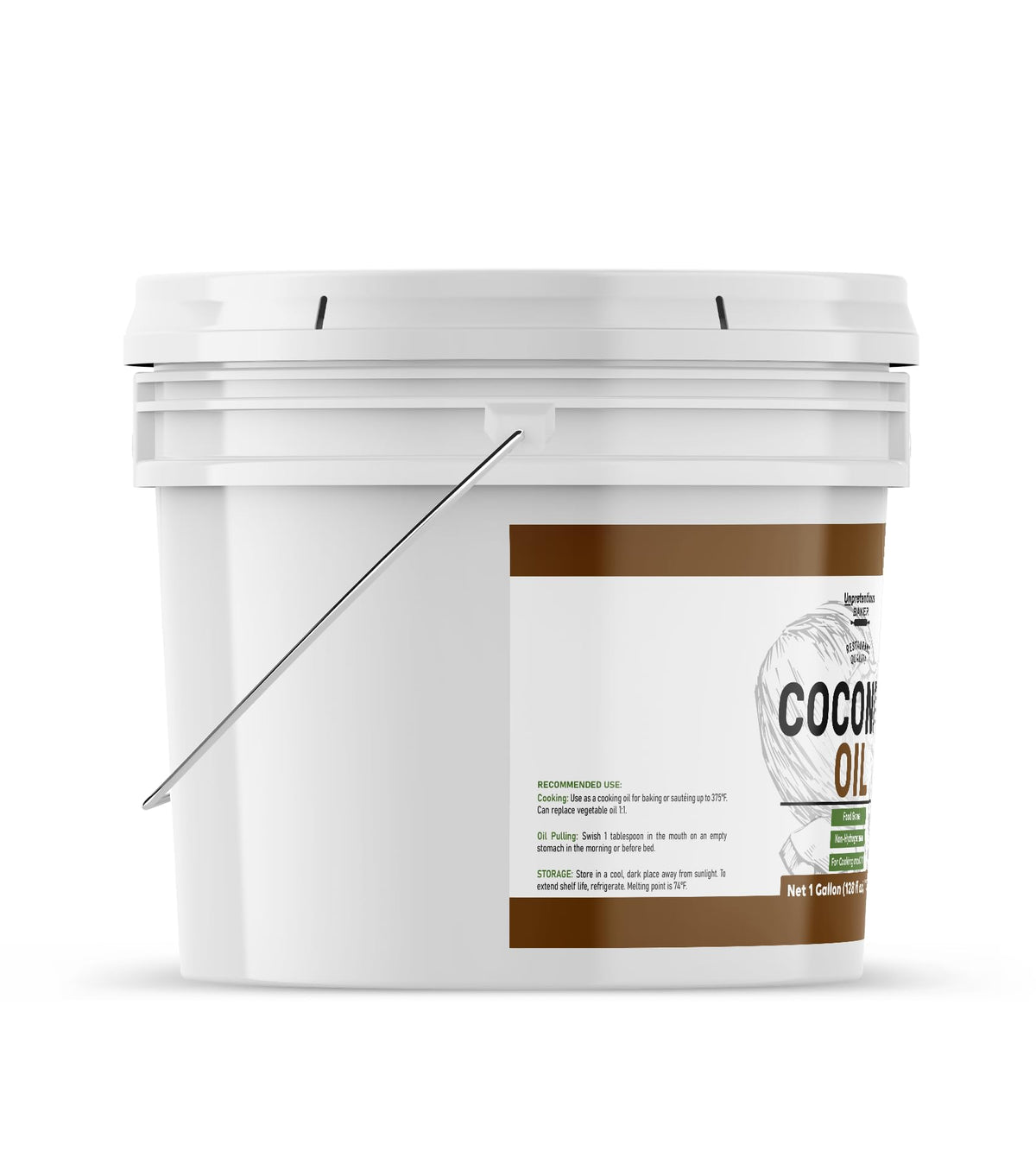 Unpretentious Coconut Oil sealed bucket supports clean, mess-free kitchen prep.