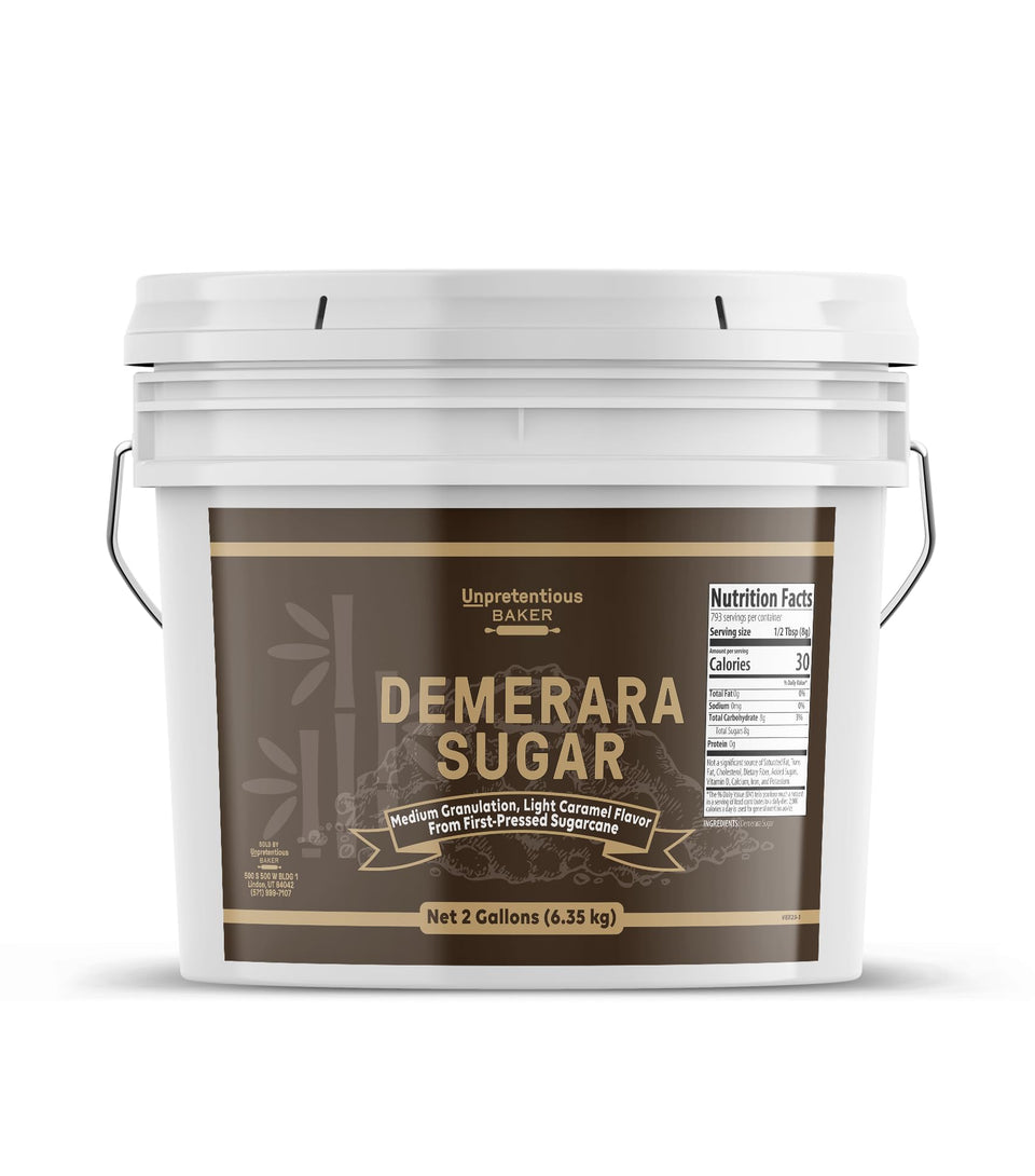 Unpretentious Demerara sugar in a 2-gallon bucket for bulk storage and freshness.
