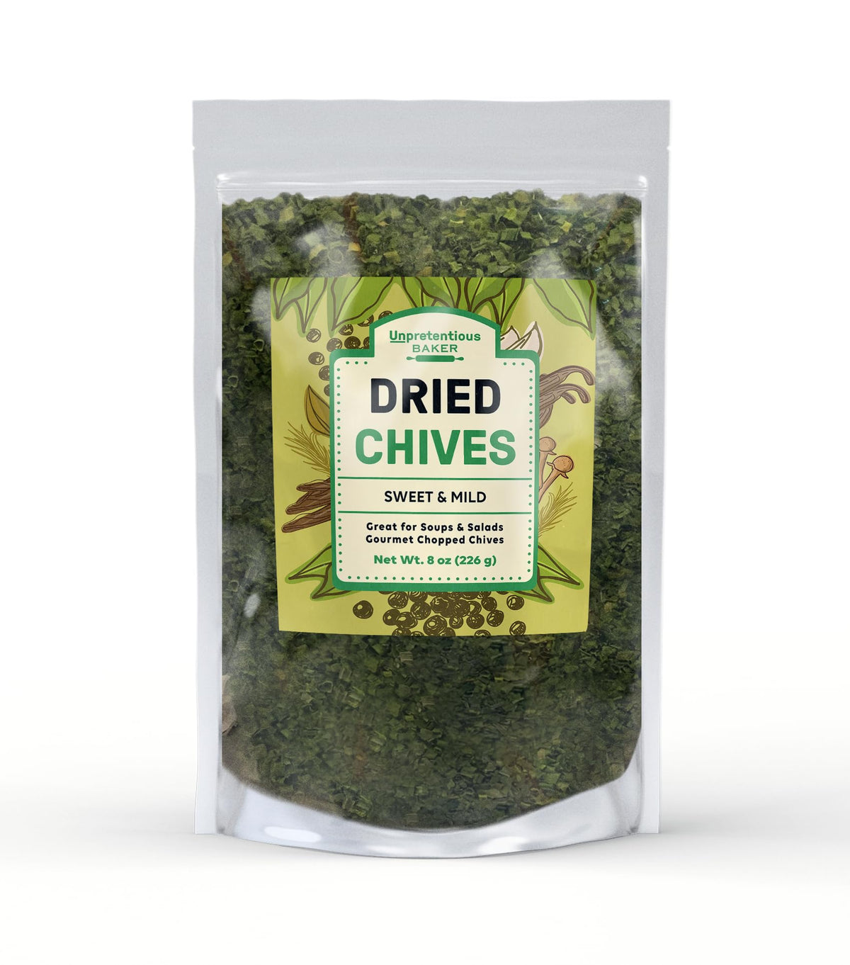Unpretentious dried chives bag front with resealable freshness.