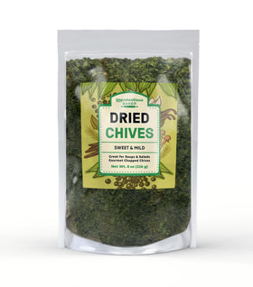 Unpretentious dried chives bag front with resealable freshness.