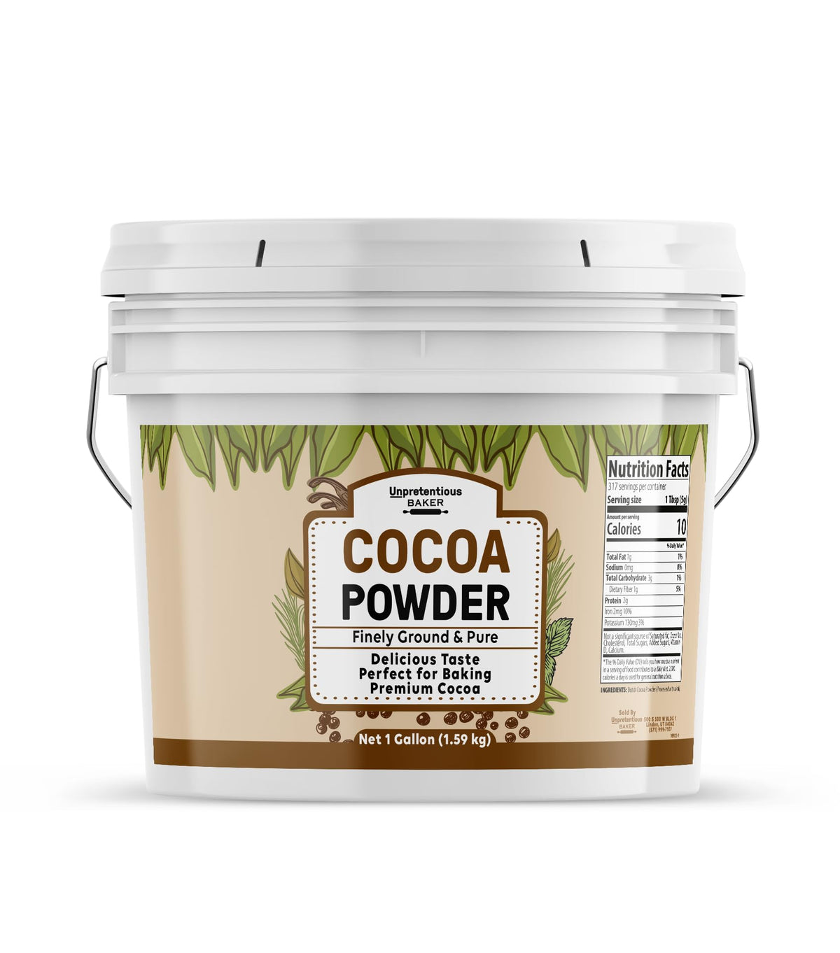 Unpretentious Dutch Cocoa Powder bucket for bulk baking and easy storage.