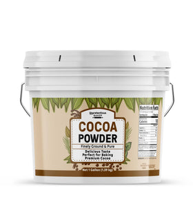 Unpretentious Dutch Cocoa Powder bucket for bulk baking and easy storage.