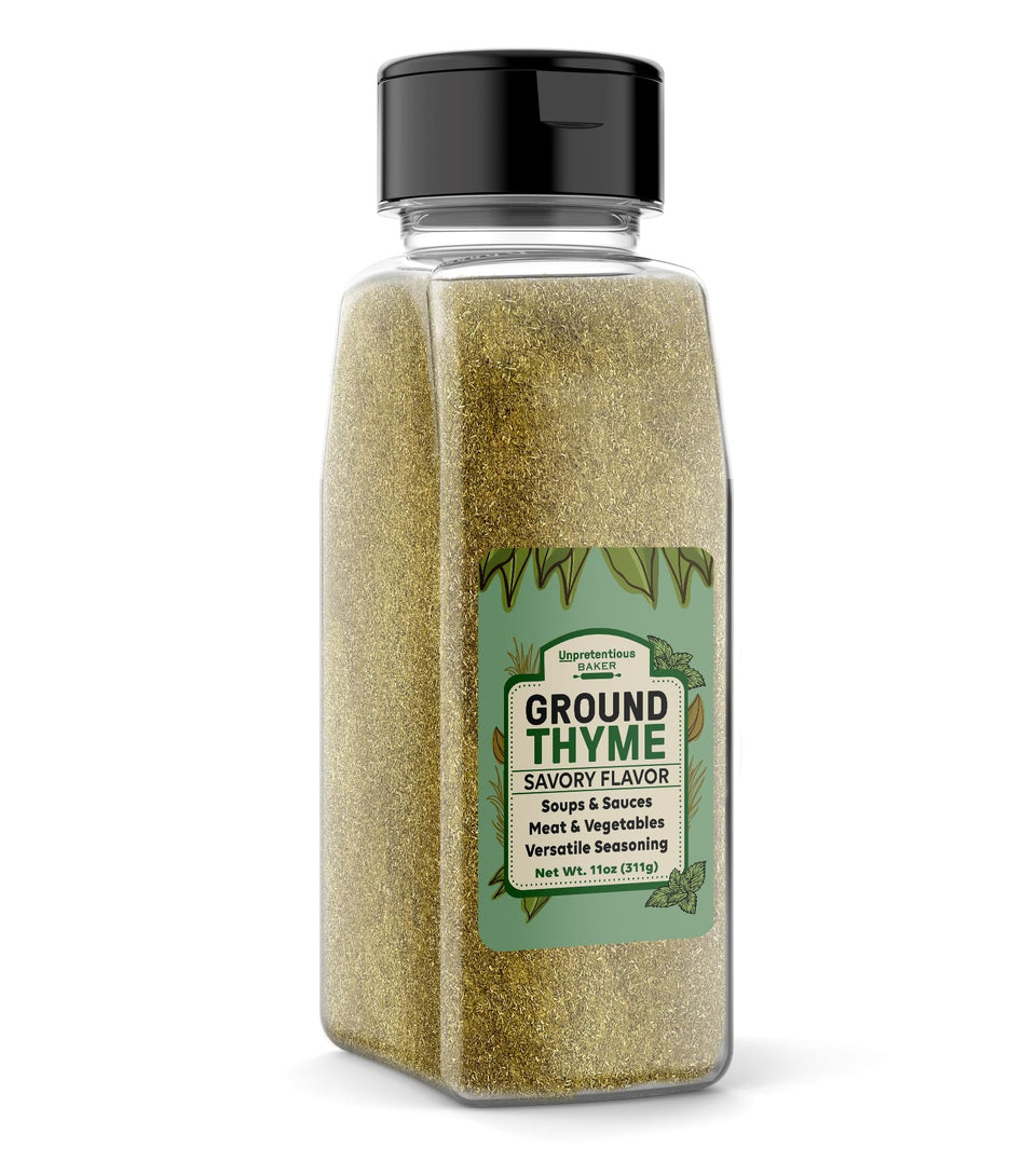 Unpretentious Ground Thyme jar on a kitchen counter ready for soups and sauces.
