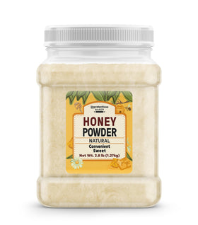 Unpretentious Honey Powder in packaging jar for easy pantry storage.