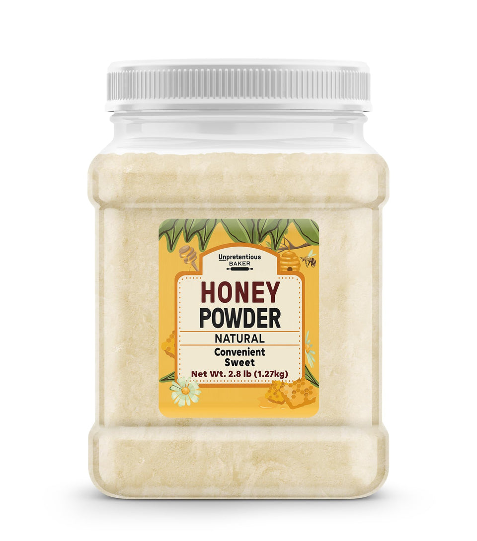 Unpretentious Honey Powder in packaging jar for easy pantry storage.