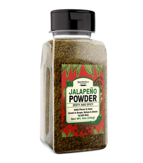 Unpretentious jalapeno powder jar ready to season soups with bold heat