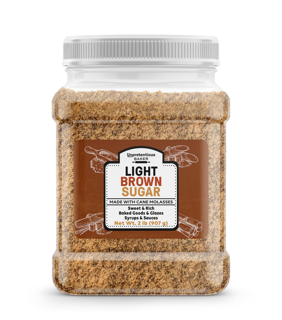 Unpretentious Light Brown Sugar bag label, highlighting cane molasses for richer baking.