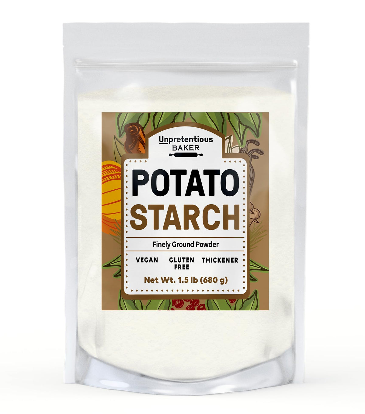 Unpretentious Potato Starch packaging shows a resealable bag for gluten-free cooking.