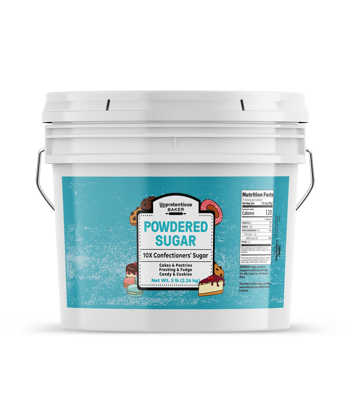 Unpretentious powdered sugar packaging showcases a 1-gallon container for large-batch baking.