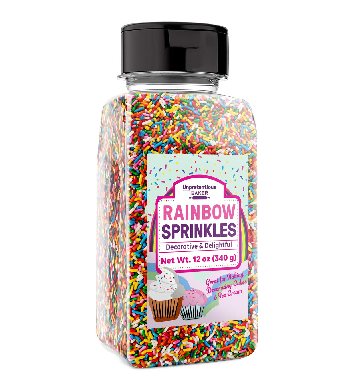 Unpretentious rainbow sprinkles jar showcases vibrant colors for cake decoration.