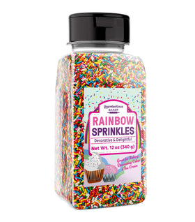 Unpretentious rainbow sprinkles jar showcases vibrant colors for cake decoration.
