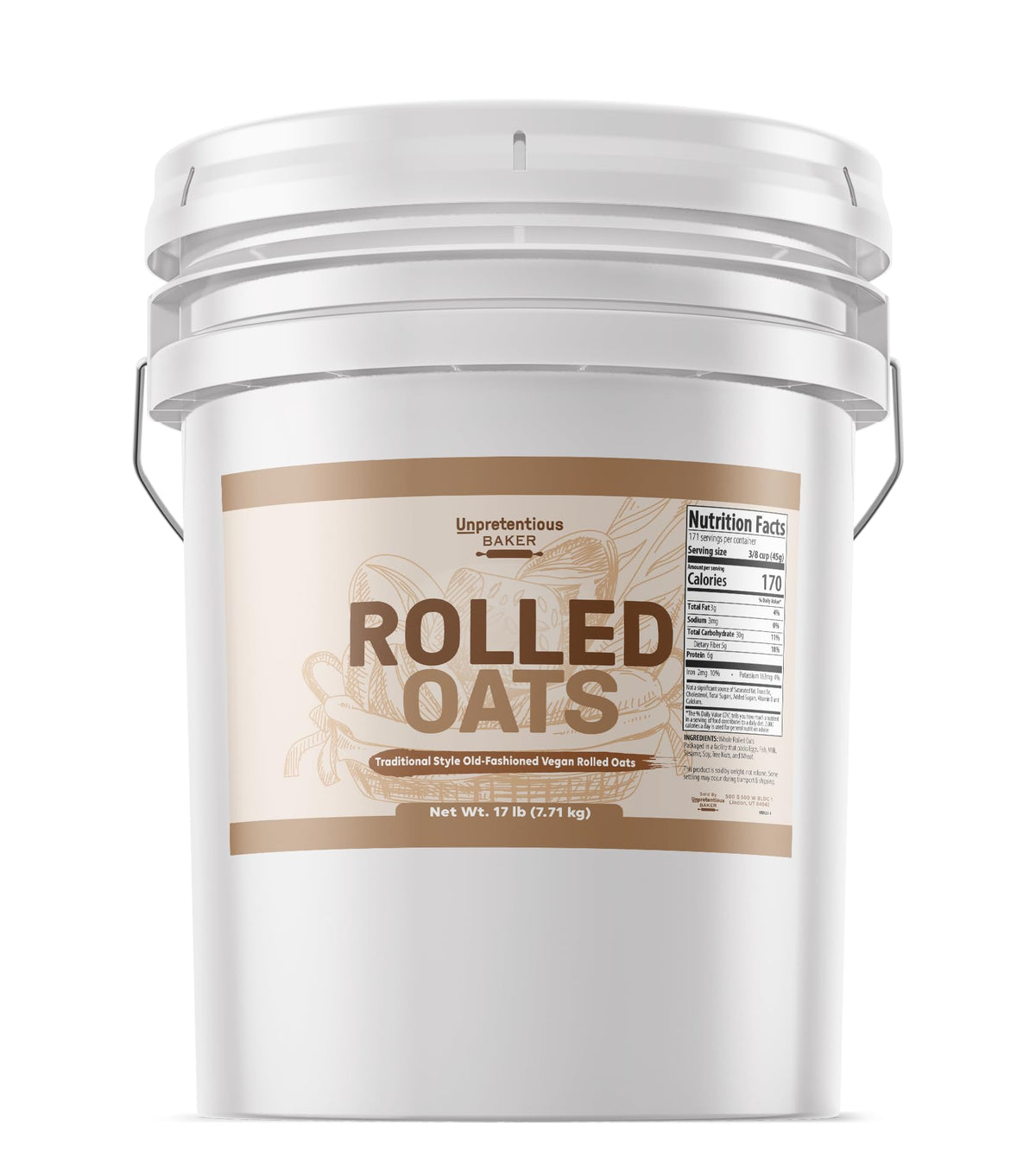 Unpretentious rolled oats in a resealable bucket for fresh, easy scooping.
