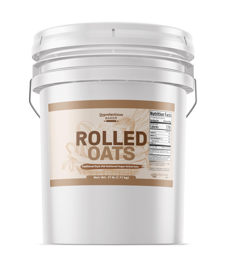 Unpretentious rolled oats in a resealable bucket for fresh, easy scooping.