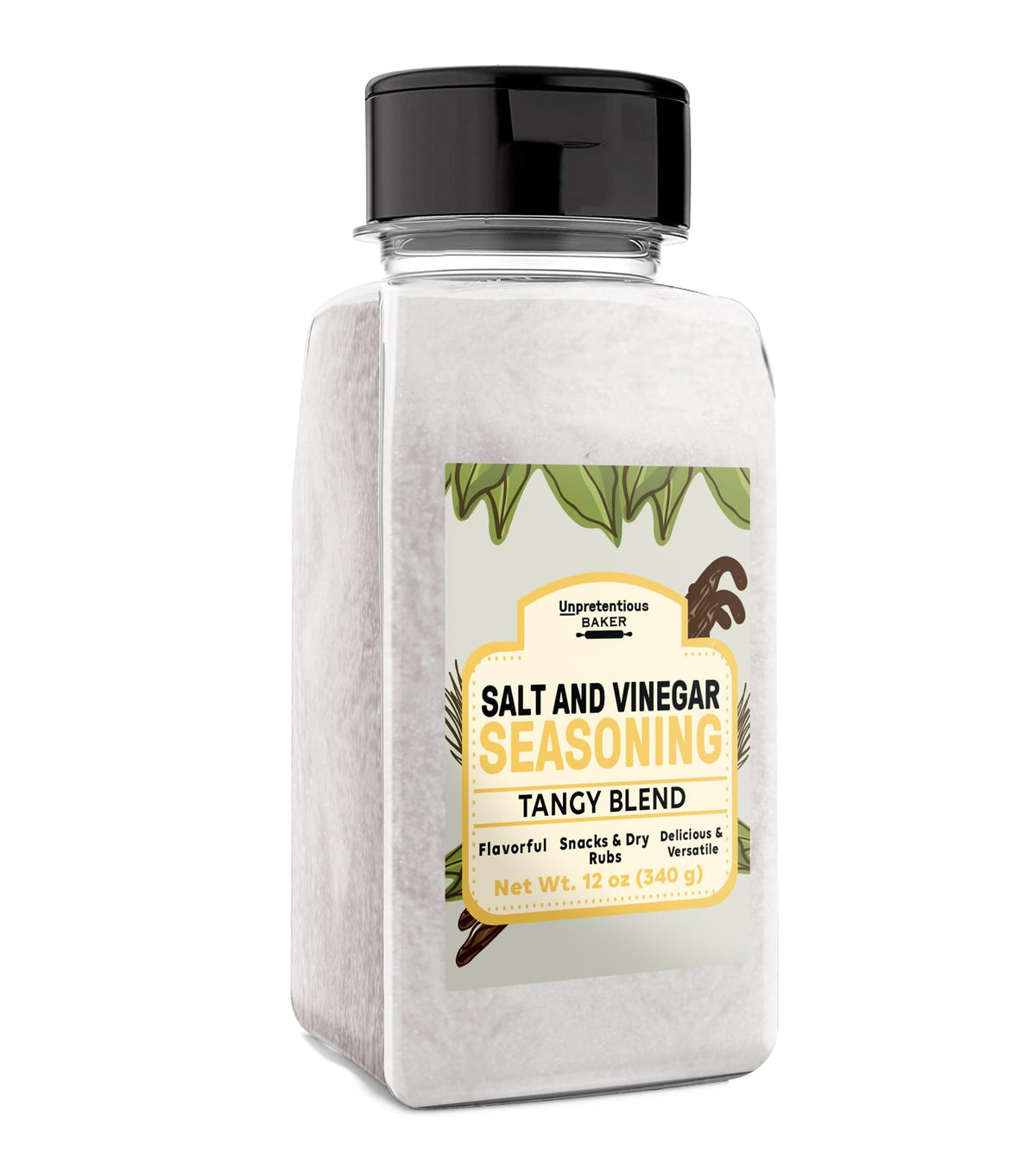 Unpretentious Salt and Vinegar seasoning bottle pour adds bold tang to snacks.