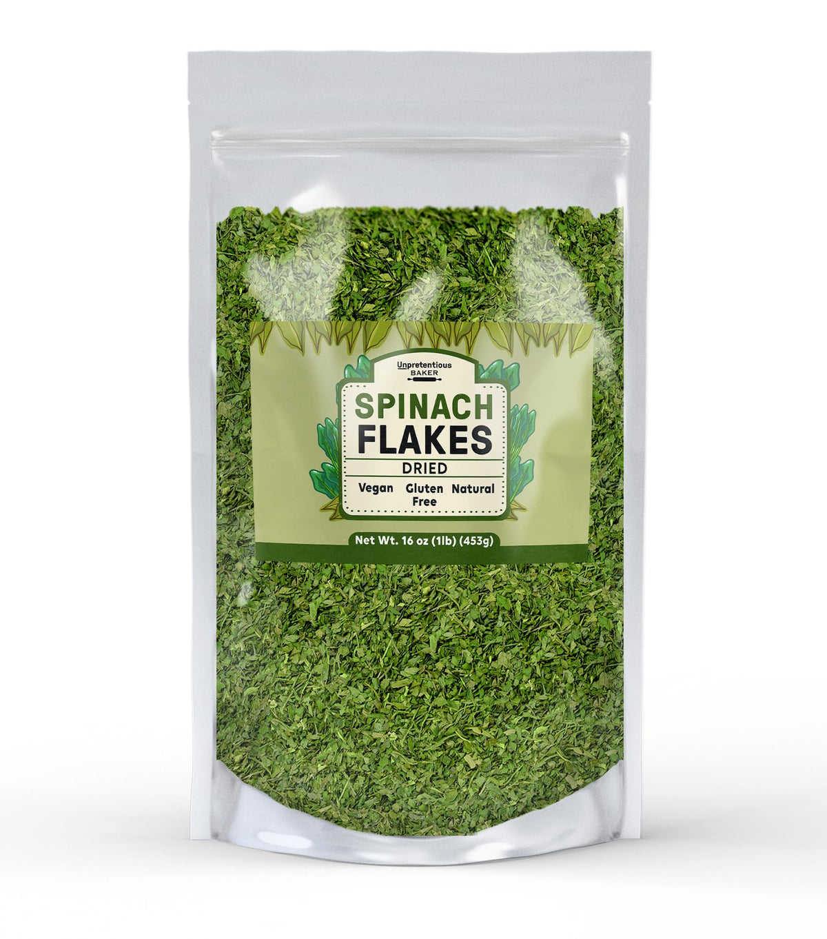 Unpretentious Spinach Flakes in a resealable bag for easy pantry storage and flavor boost.