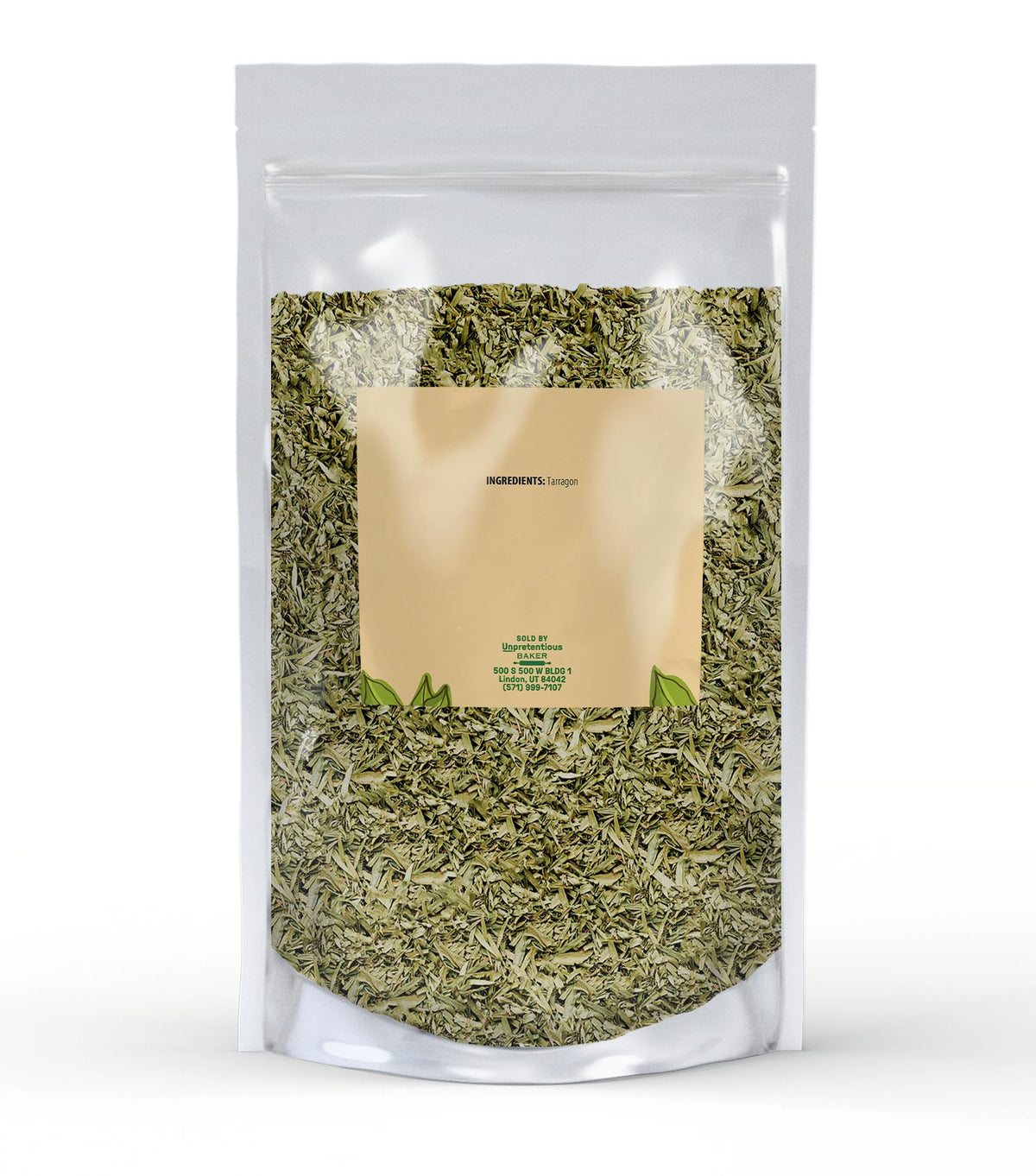 Unpretentious Tarragon packaging front view highlighting resealable freshness.