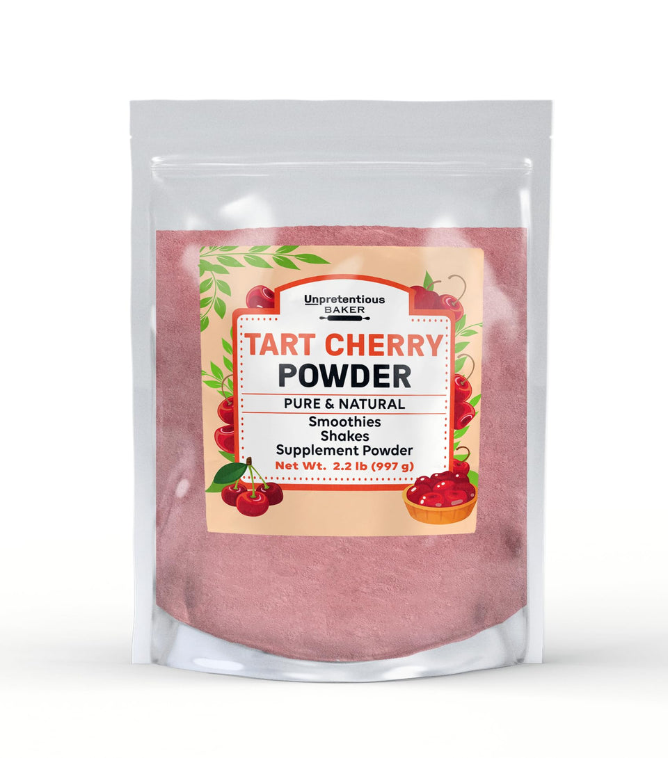 Unpretentious Tart Cherry Powder bag close-up showing resealable packaging for freshness.