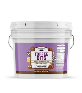 Unpretentious Toffee Bits topping vanilla ice cream with crunchy texture for indulgence.