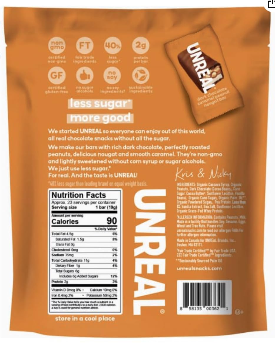 Closeup of UNREAL bars showing chewy nougat and roasted peanuts texture for flavor depth.