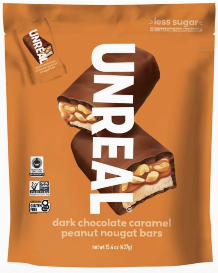 UNREAL dark chocolate caramel peanut nougat bars in bag for on-the-go snacking with balanced sweetness.