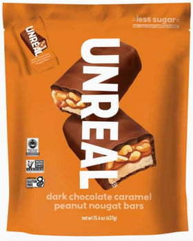 UNREAL dark chocolate caramel peanut nougat bars in bag for on-the-go snacking with balanced sweetness.