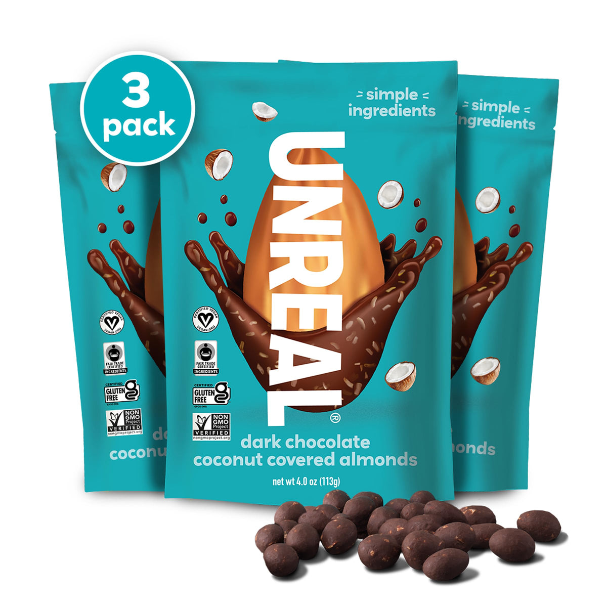 UNREAL Dark Chocolate Coconut Almonds 3-Pack packaging for on-the-go indulgence