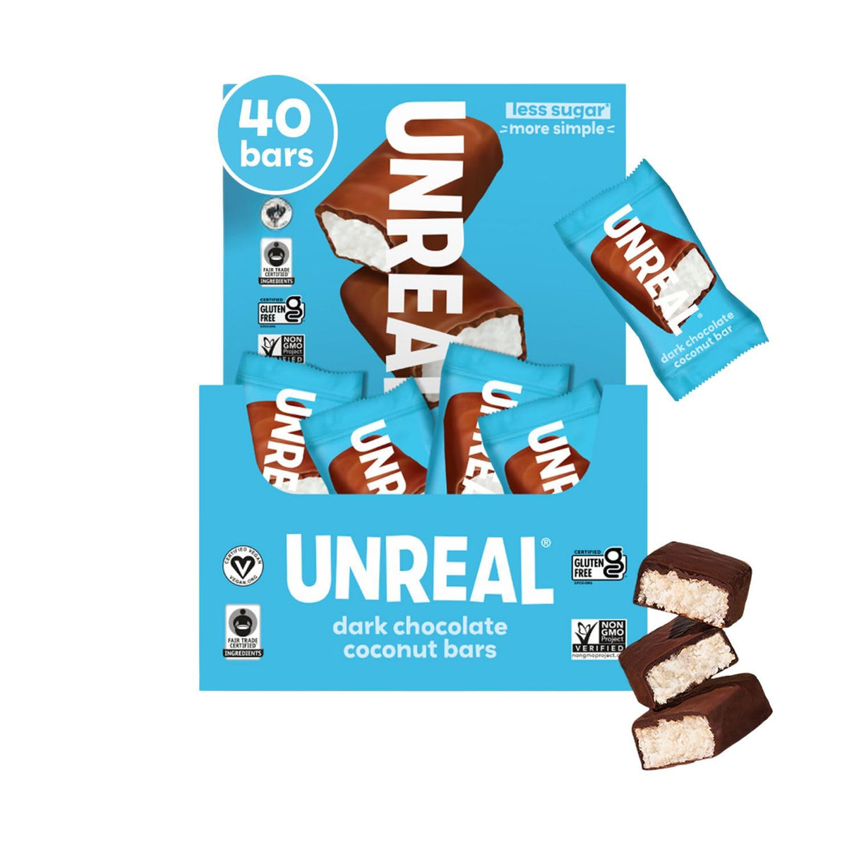 UNREAL dark chocolate coconut bars pack of 40 mini servings for convenient snacking