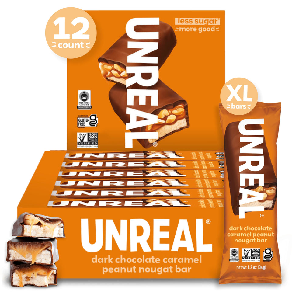 UNREAL dark chocolate peanut caramel nougat bars packaging for easy lunches