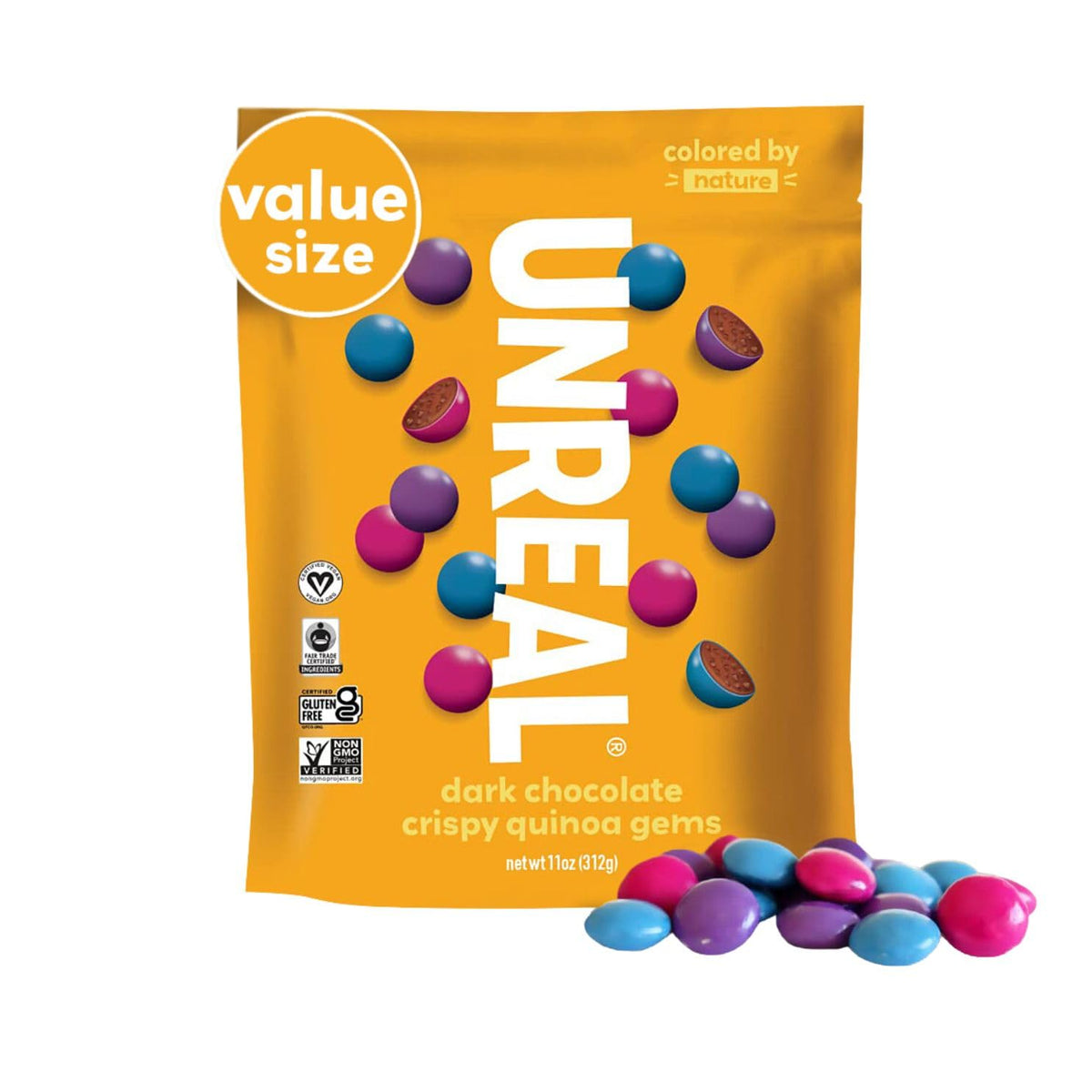 UNREAL dark chocolate quinoa gems in resealable bags for convenient sharing on the go.