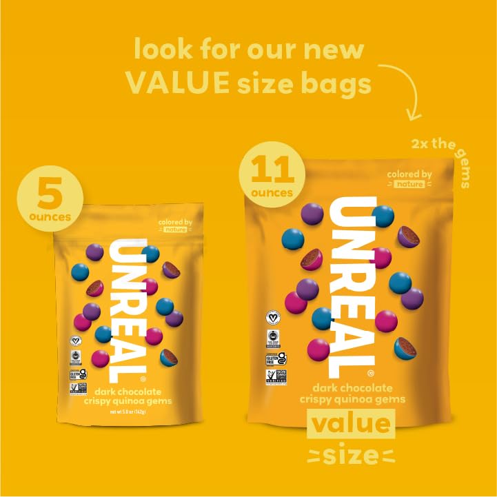 UNREAL vegan fair trade non GMO seal signals ethical indulgence.