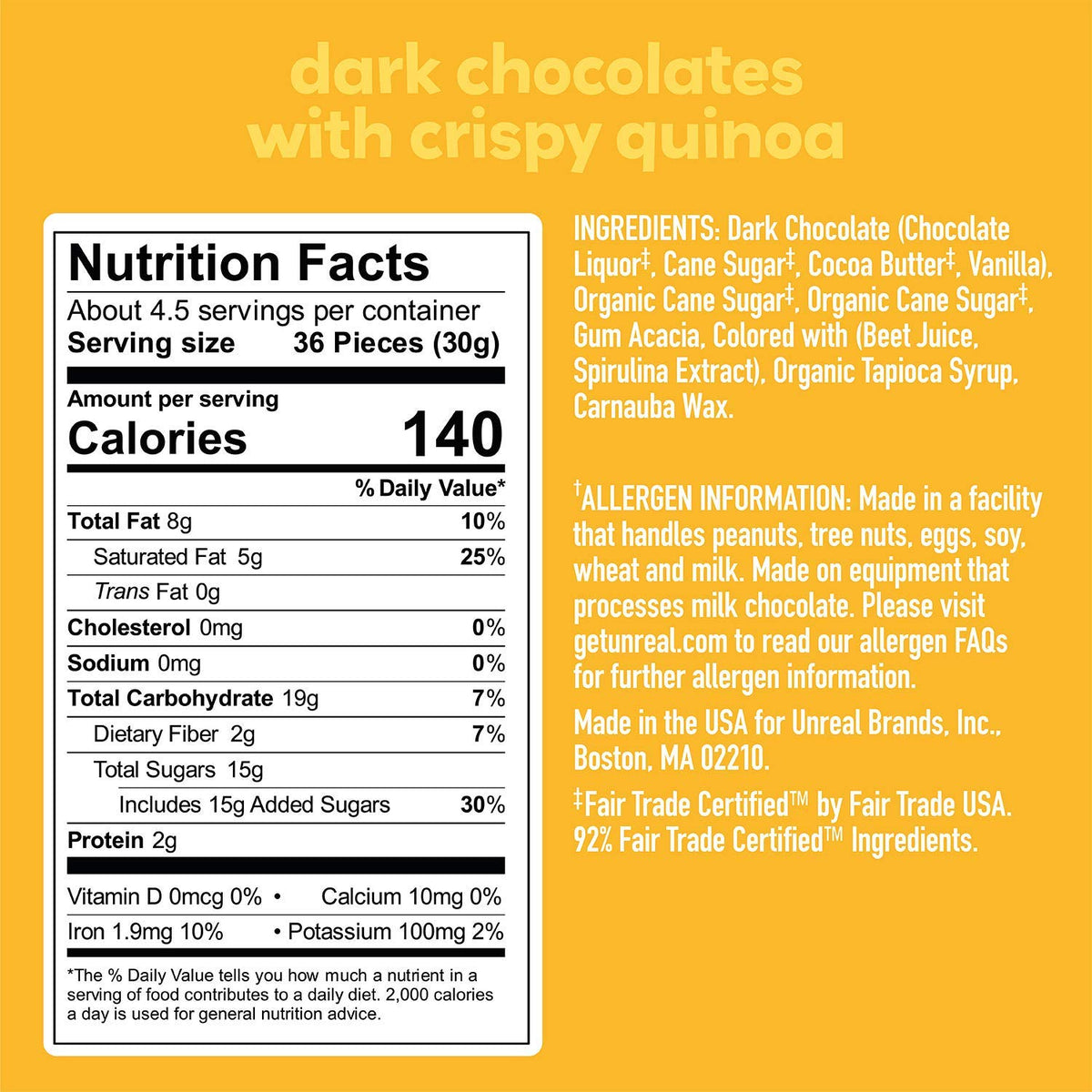 UNREAL Dark Chocolate Quinoa Gems bag featuring quinoa crunch