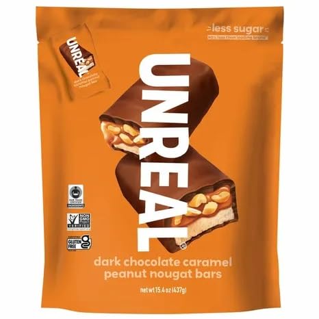 UNREAL nougat caramel layer closeup for a satisfying bite.